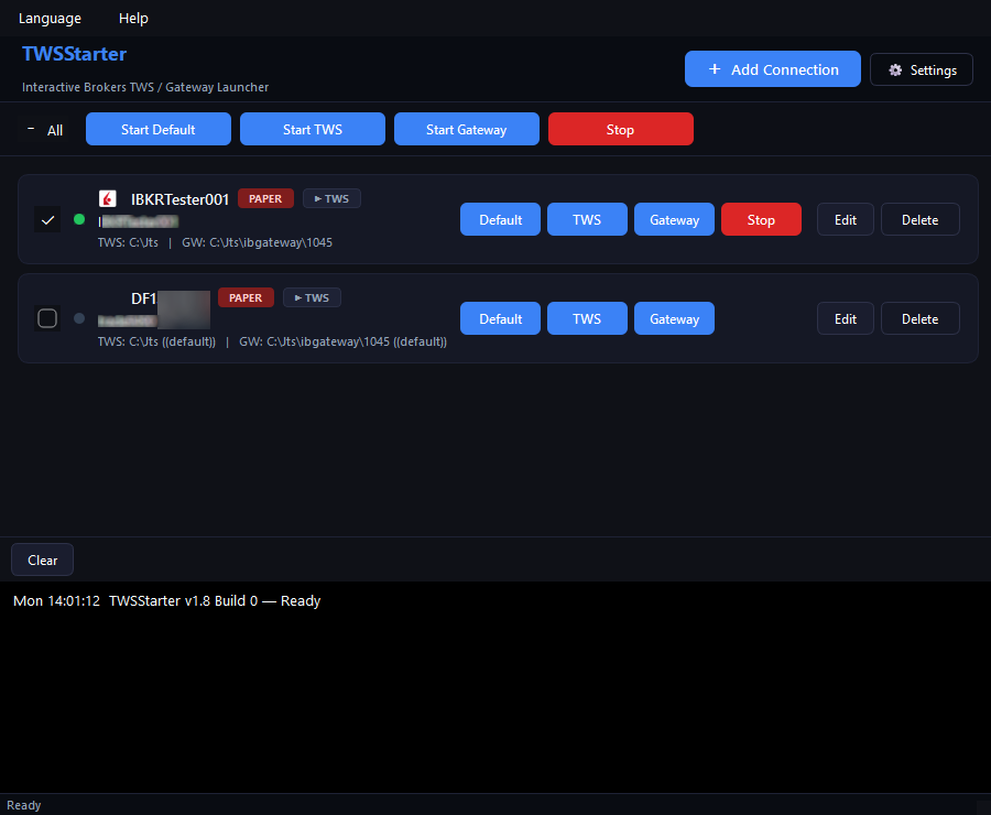 TWSStarter Hauptfenster: Verbindungs-Karten mit Start-/Stopp-Buttons, Statusanzeige und Trace-Panel