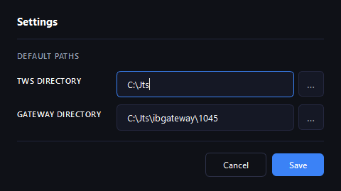 TWSStarter Einstellungen: Installationspfade für TWS und Gateway